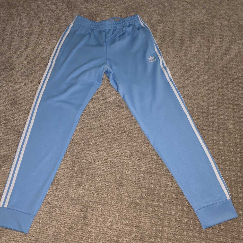 Adidas Men's Light Blue Joggers with White Stripes